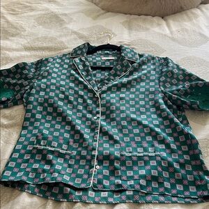 Sandro Teal and Burgundy Geometric women’s blouse